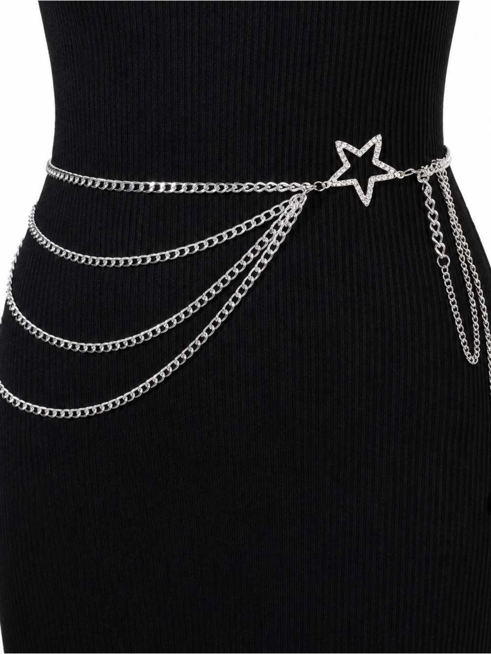 Rhinestone Star Chain Waist Belt Silver Multi Layer Drape Body Chain
